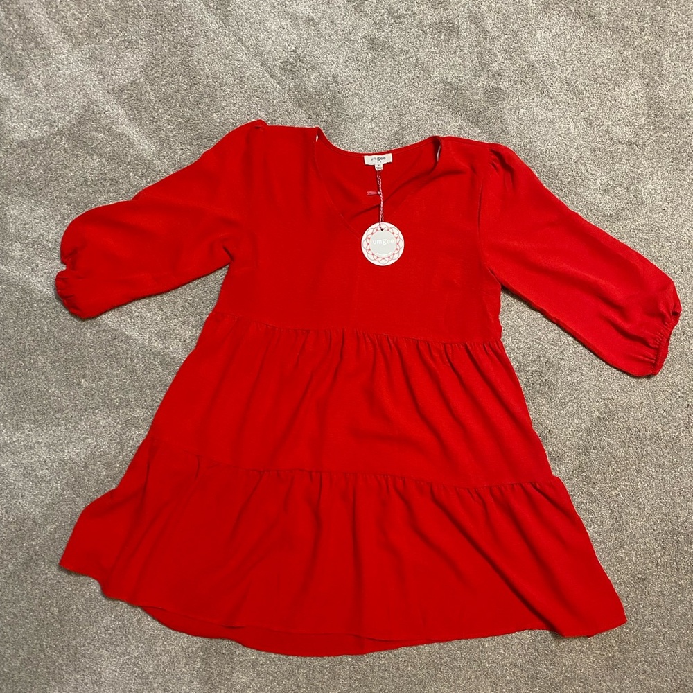 Umgee Red Puff Sleeve Swing Dress Size M